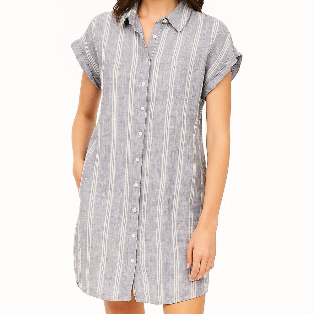 Tahari Costal Blue Striped 100%‎ Linen Button Down Shirtdress